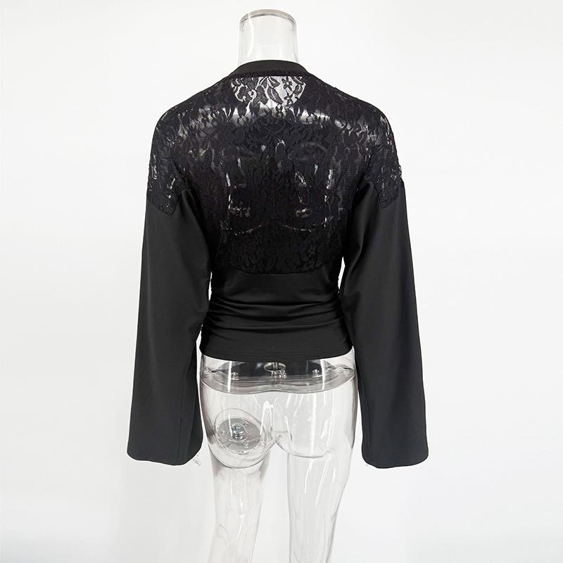 Черные Кружевные Футболки Женская Блузка 2026 Весна Стройные С Длинным Рукавом Футболки Уличный Повседневный Вечеринка Элегантный Модный Кружевной Рубашка Футболки Топ