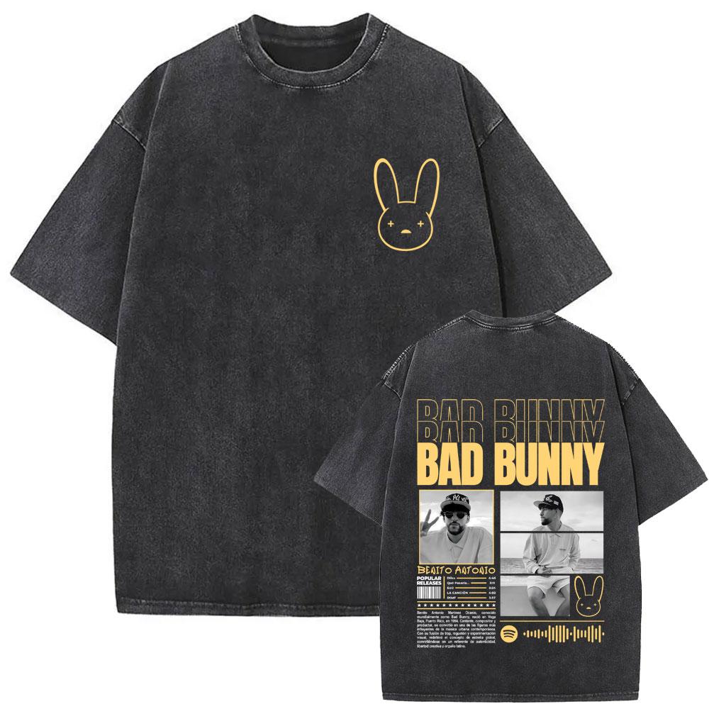 Rapper Bad Bunny Vintage Washed Tshirt Debi Tirar Mas Fotos DTMF World Tour T Shirts Men Women Fashion Hip Hop Tshirts