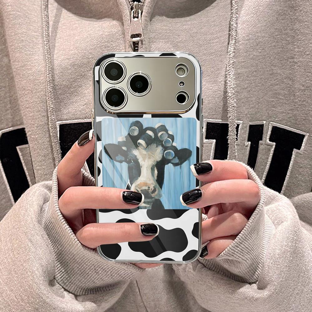 Funny Cow Fashion Phone Case For iPhone 17 16 15 14 13 12 Pro Max Plus Electroplated Metal Shockproof Bumper Case Glass Back