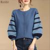 Women Casual Round Neck Stripe Splice 3/4 Sleeve Loose Blouse