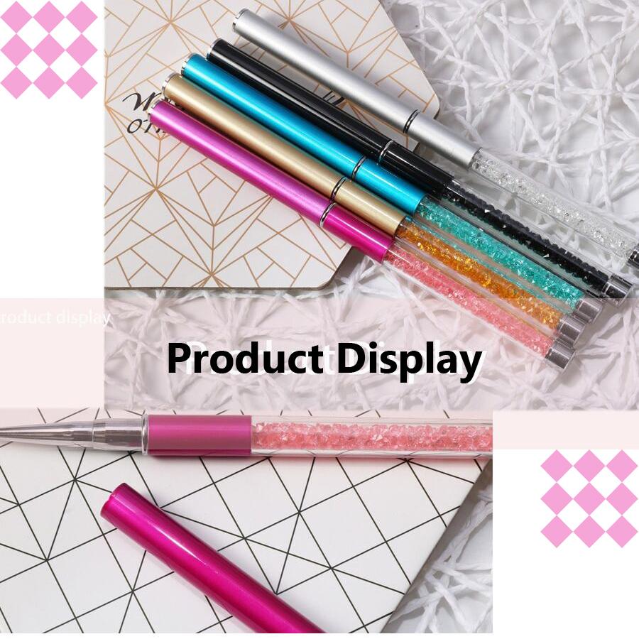 Nail Art Brush Pen With Cap Pink Rhinestone Diamond Metal Acrylic Handle Gel Liquid Salon Liner
