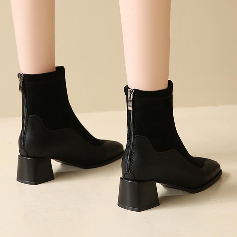Модные женские ботильоны на толстом каблуке с квадратным носком, короткие сапоги в стиле пэчвок, женские однотонные ботильоны с застежкой-молнией сзади, тренд 2024 года