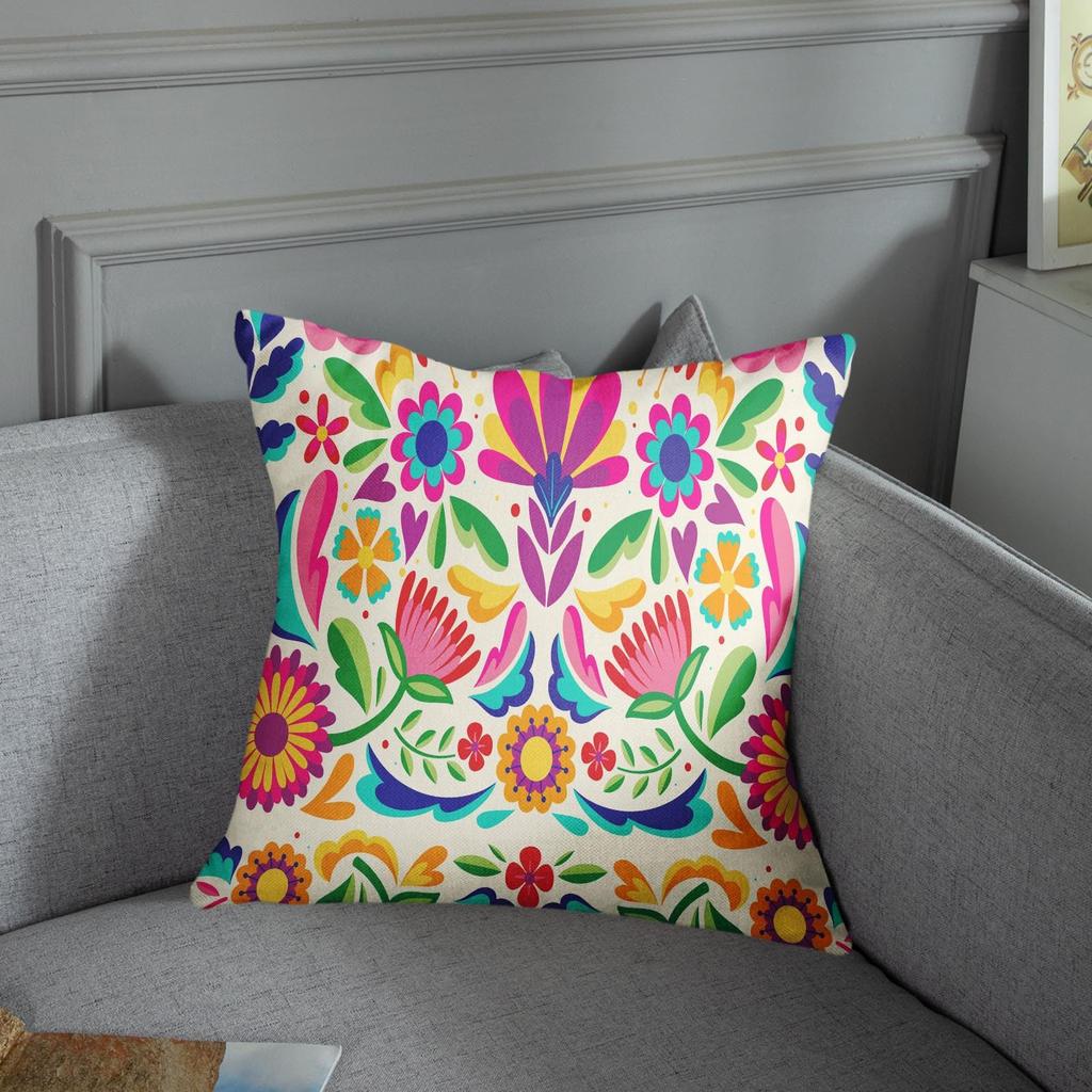 Set Of 4 Throw Pillow Cases 18 X 18 " Pillow Covers Cushion Couch Sofa Pillowcases Mexican Colorful Ethnic Birds Flowers