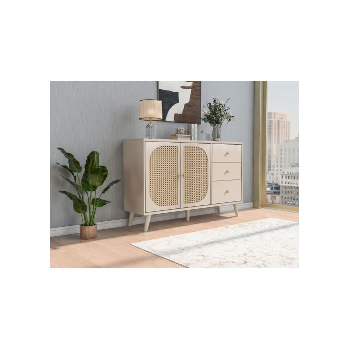 Buffet de rangement - MUVOE - Beige - Largeur 120 cm - Portes et tiroirs - Design moderne