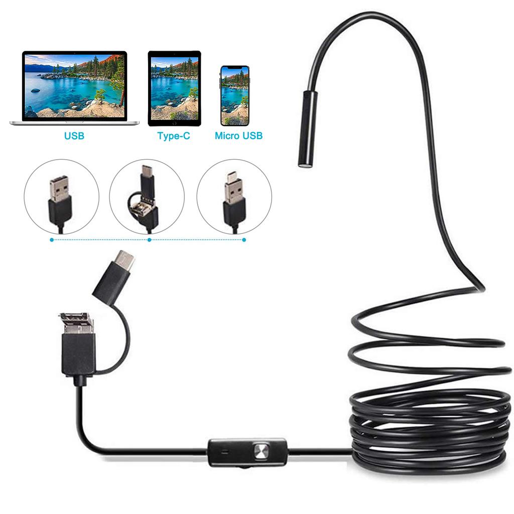 Video Industria Endoscope USB Type C Borescope for OTG Android Windows PC 7mm Inspection Snake Camera Waterproof Semi-Rigid Cord