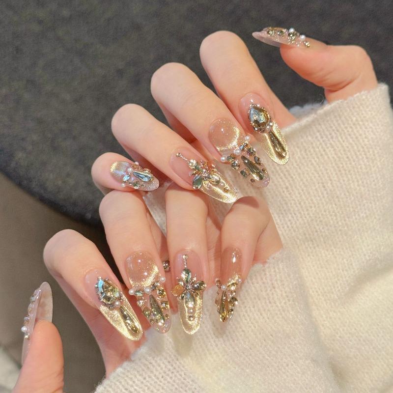 [Tears of Sesat] Champagne Zircon Diamond French Temperament Cat's Eye Premium Light Luxury Nail Art Handmade Nail Wear