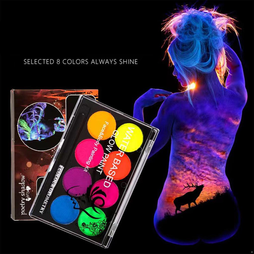 8 Color Neon Face Paint Set UV Reactive Glow In The Dark Water Based Body Paint Palette for Halloween Costume Rave Festival Washable Safe
