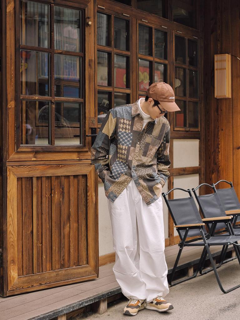 Japanese Pattern Fashion Autumn Clothes Silhouette Patchwork Style Print All Over Pattern Long Sleeve Shirt Cotton [CHANGE WELL] Men's "2023AW" 100%