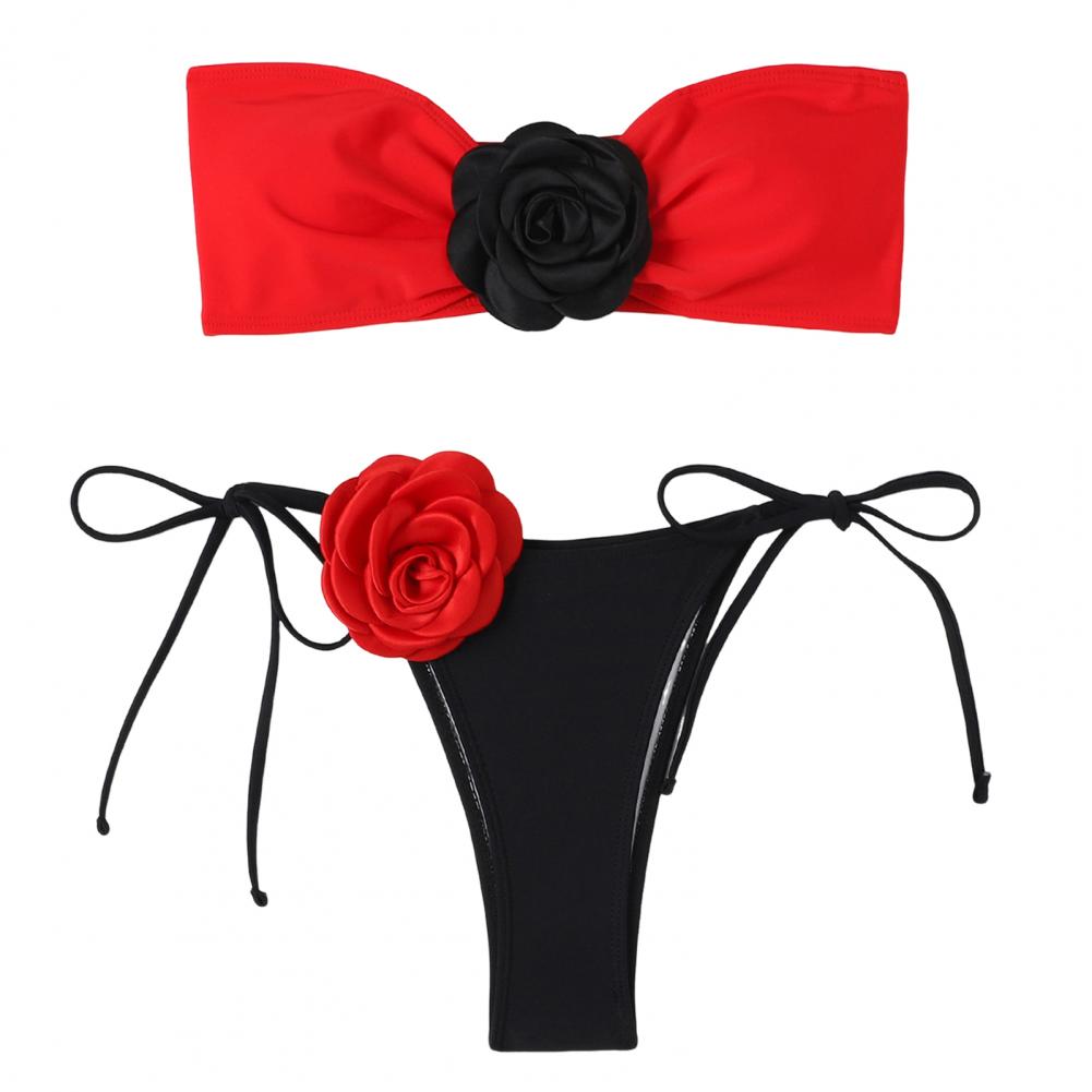 Женский сексуальный комплект бикини с цветочным принтом, топ-топ, купальник, стильный комплект бикини-бандо с 3d цветком и трусами на шнуровке, женские для быстрого