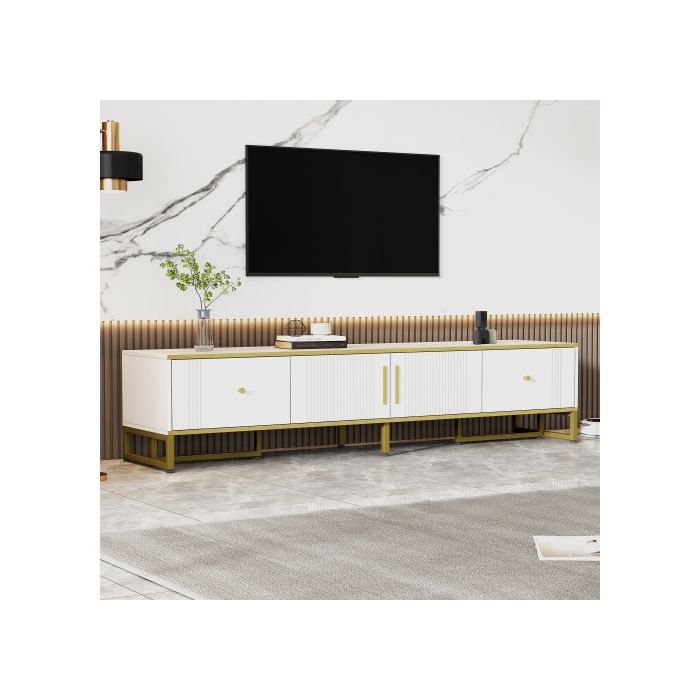 Meuble TV - MUVOE - 180x40x40 cm - Blanc avec décorations dorées - 2 portes - 2 tiroirs