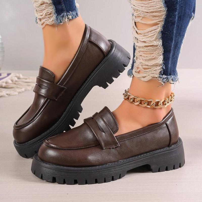 Brown Punk Platform Women Loafers Round Toe Chunky Heel Vintage Shoes Women Slip On High Heel Women Pumps