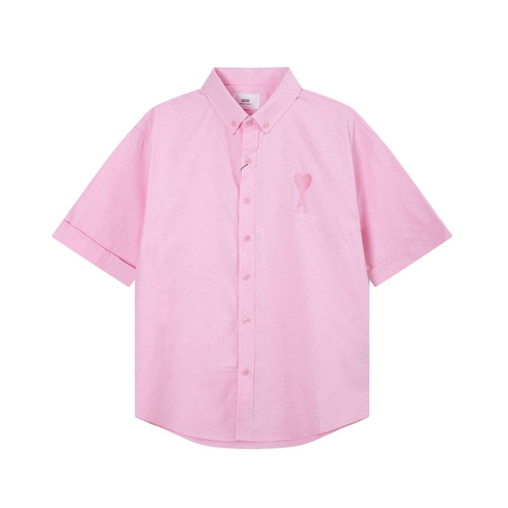 AMI Мужская классическая осенняя рубашка с коротким рукавом, повседневная хлопковая однотонная, с вышивкой сердечка в тон на груди