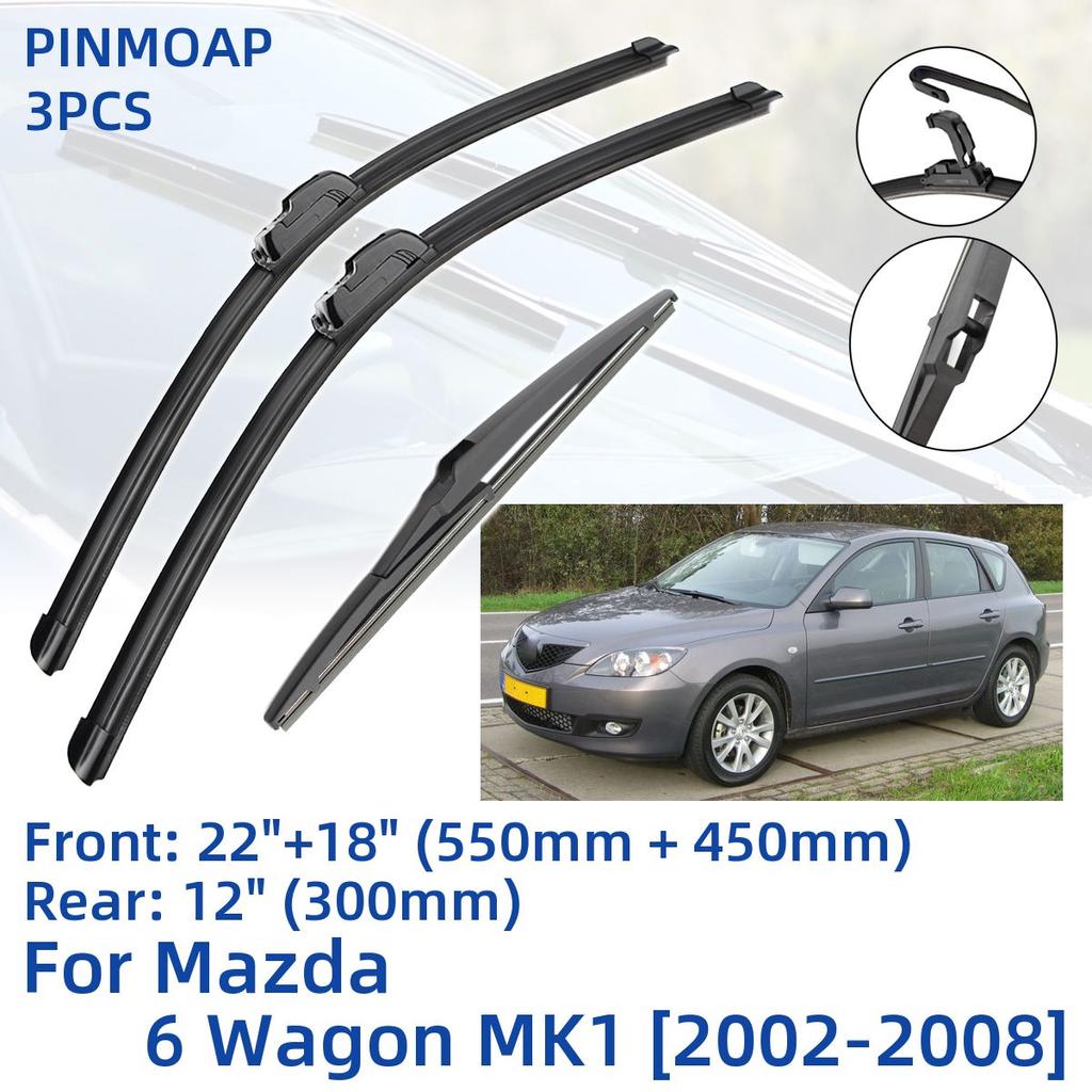 3PCS For Mazda 6 Wagon MK1 2002-2008 22"+18"+12" Front Rear Wiper Blades Windshield Windscreen Window Cutter Accessories 2003 2004 2005 2006 2007 2008