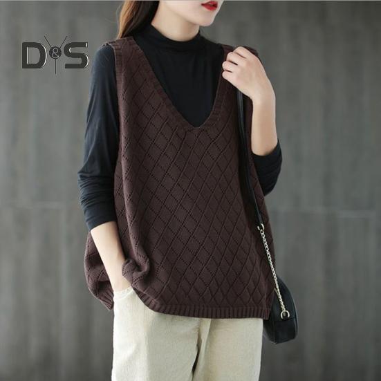 Весна Осень Женский Жилет Вязаный Свитер Ретро V-образный Вырез Свободный Без Рукавов Однотонный Пуловер Ажурный Ромбовидный Текстурный Топ Повседневная Одежда