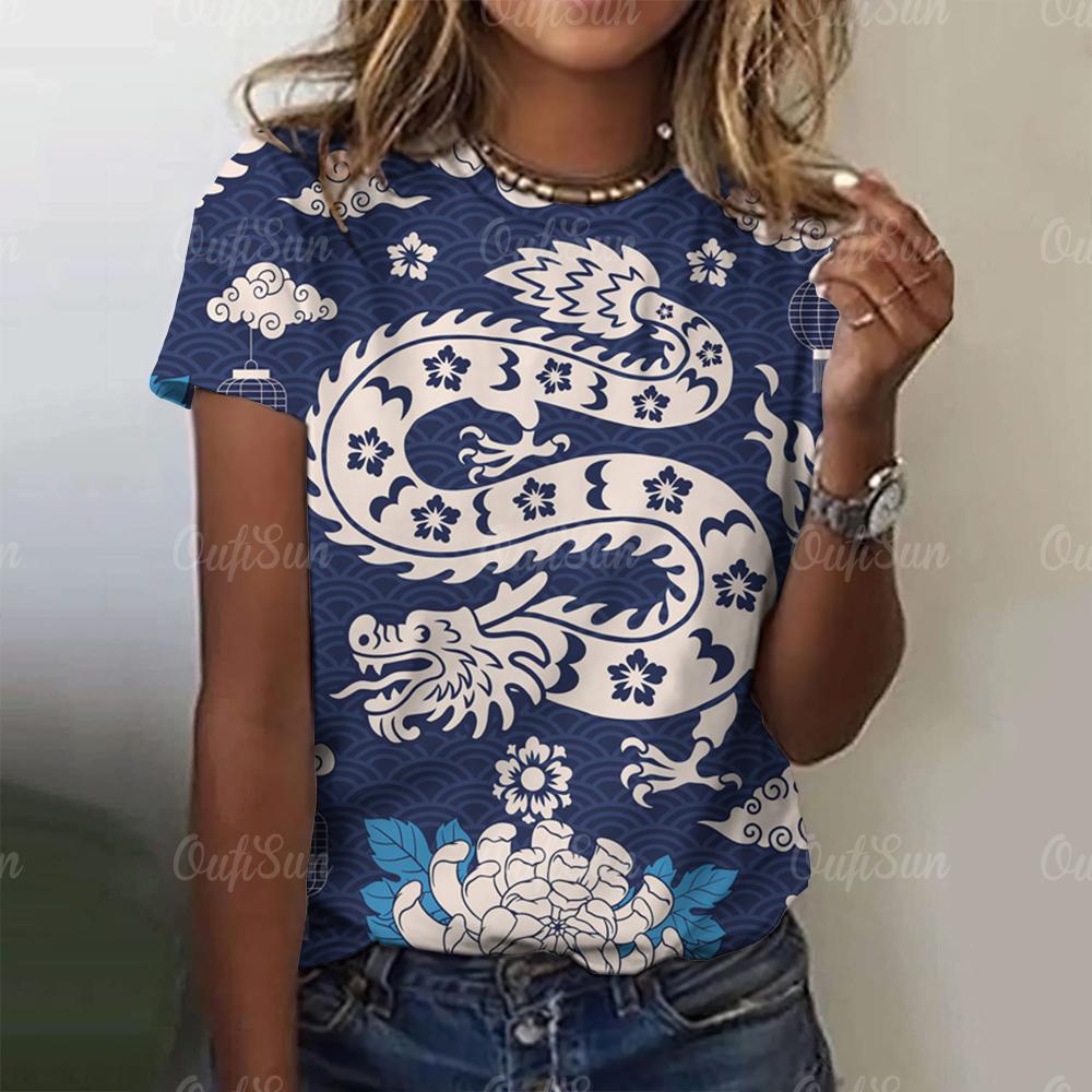 Женская футболка с принтом 3D-дракона в китайском стиле, новый пуловер для женщин с круглым вырезом, повседневный короткий рукав, 2024, модные уличные топы