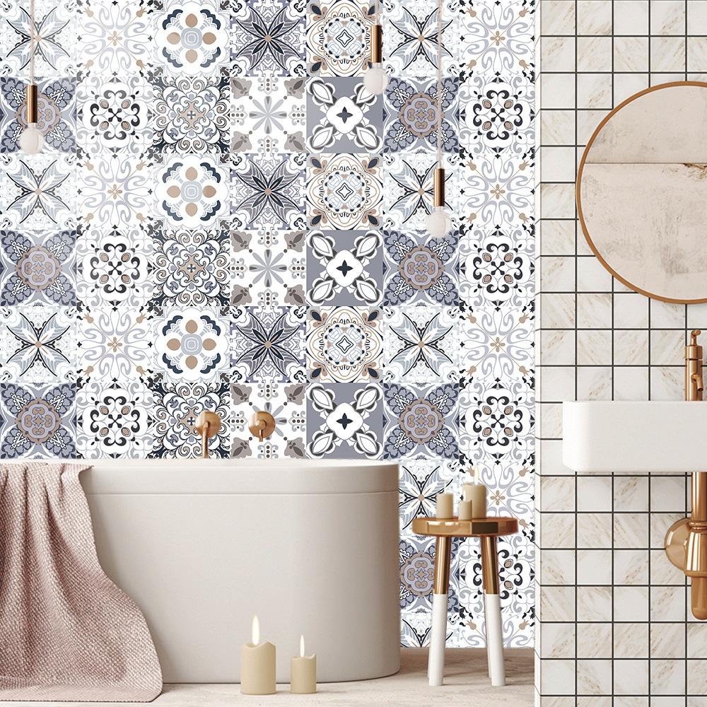 10 шт. серо-белый ретро-узор на плитку, наклейка на кухонный фартук, настенные наклейки для гардероба, глянцевая поверхность, пилинг и палка, ПВХ, художественная фреска