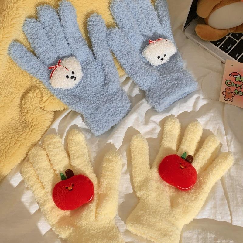 Cute Curly Dog Red Apple Gloves Plush Coral Fleece Cold-Proof Gloves Student Winter Warm Five-Finger Gloves Girl Christmas Gifts