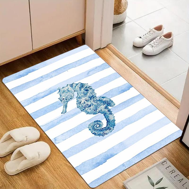 Coastal Area Rug Door Mat Timeless Carpet Floor Mat Red White Stripe Sea Creature Print for Entryway Washable Non-Slip Nordic