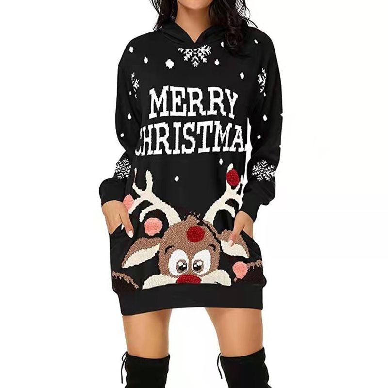 Ladies' Casual Christmas Printed Long Sleeved Pocket Hooded Sweatshirt Dress