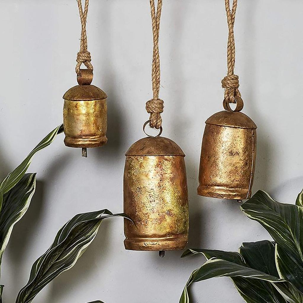 Brass Cow Shabby Chic Country Style Rustic Metal Hanging Giant Cow Bells On Jute Ropes Decor Set of 3