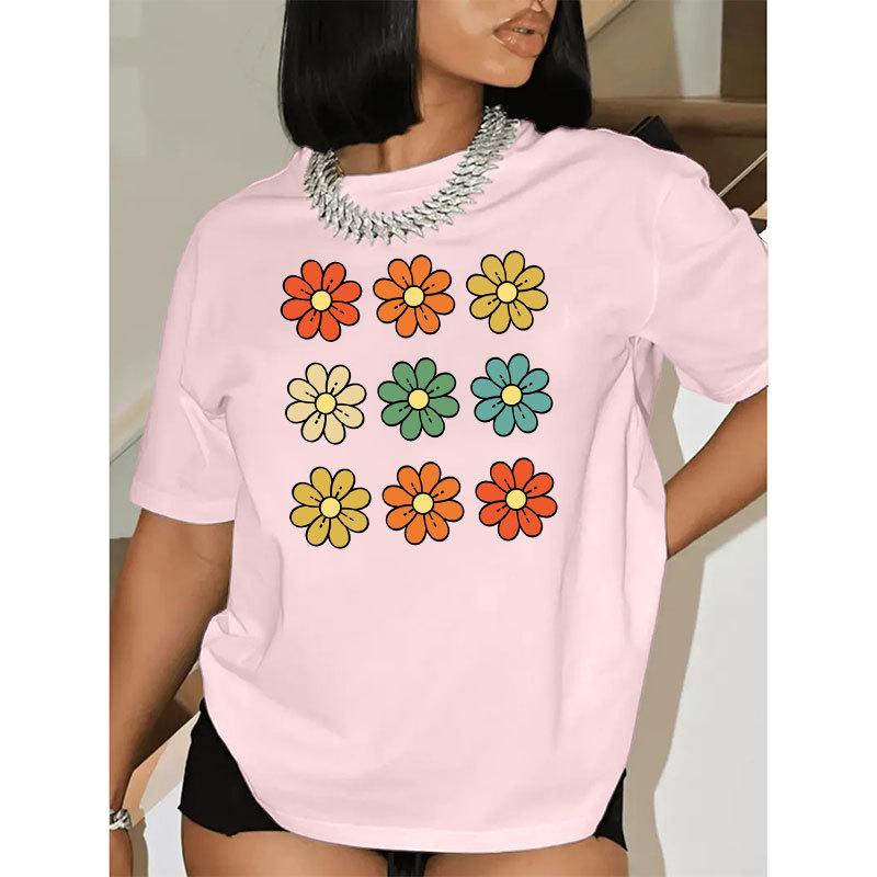 Summer Round Neck Floral Print Top Fashionable Casual Short Sleeved Women's Pure Cotton T-shirts