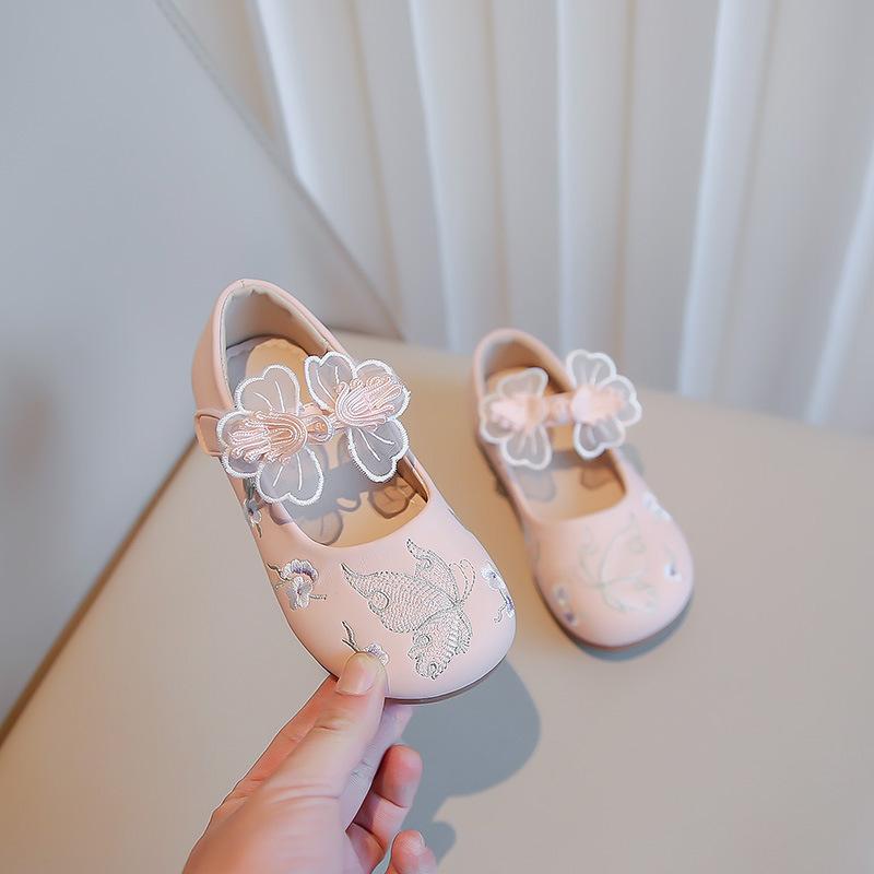 Girl Leather Shoes Mary Jane Sweet Embroider Butterfly Children Hanfu Performance Single Shoes Fashion Kids Princess Dress Shoes