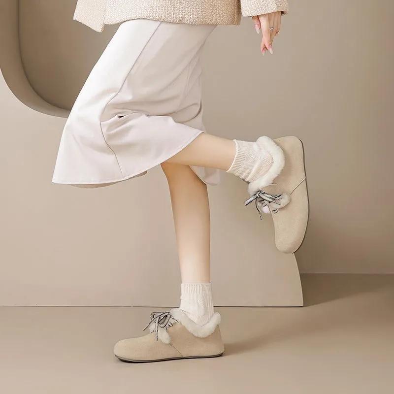 WTEMPO Хлопок Большой Размер Однотонные Мягкая Подошва Туфли с Бантом Женские Повседневные Осенне-Зимние Теплые Плюшевые Туфли-Слипоны