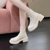Осень-зима Большие размеры женские ПУ вязаные носки сапоги удобные теплые круглые бисквитные ботинки Martin на толстой подошве 35-42