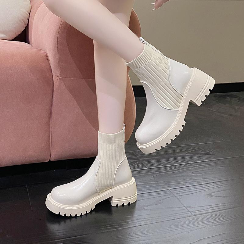 Осень-зима Большие размеры женские ПУ вязаные носки сапоги удобные теплые круглые бисквитные ботинки Martin на толстой подошве 35-42