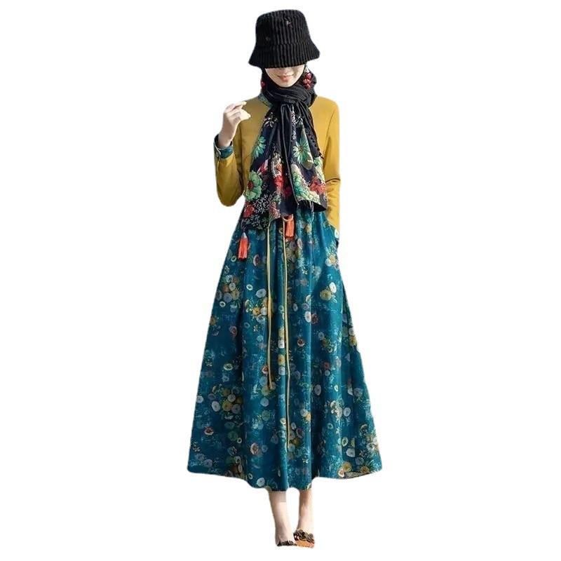 Платье из хлопка и льна в этническом стиле с принтом, длинная юбка для похудения