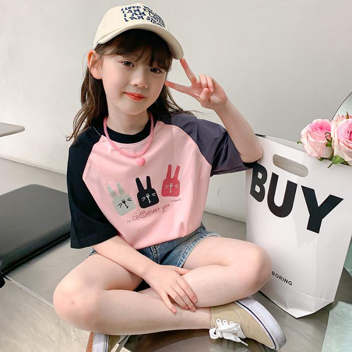 Girls Summer Fashion Raglan Sleeve T Shirt Stylish Kids Casual Short Sleeve Top
