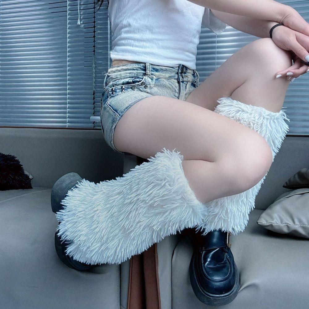 Solid Colors Furry Leg Warmers Chubby Y2k Leggings Thickened Stockings Women Winter