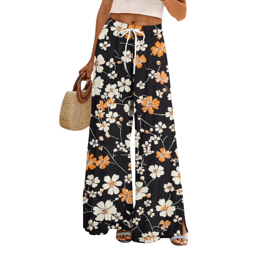 Женские брюки с принтом и широкими штанинами, с карманами, с высокой талией, на кулиске, свободные, повседневные