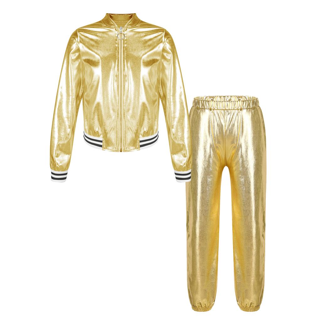 Kids Girls Metallic Long Sleeve Stand Collar Zipper Jacket with High Waist Pants for Sports Workout