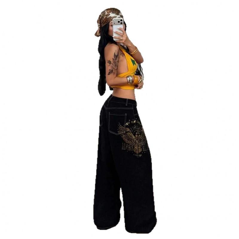 Street Style Printed Straight Leg High Waist Denim Jeans Men Women Loose Fit Washed Cotton Blend