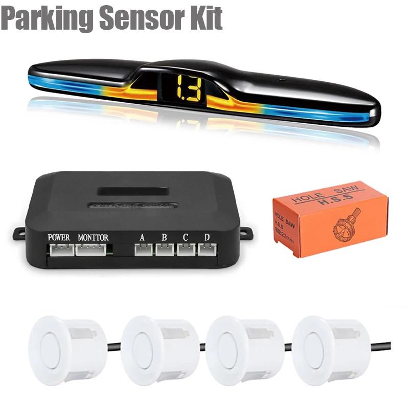 EURS New LED Parking Sensor System Backlight Parktronic Monitor Display Kit Backup Detector Assistant 4 Probes