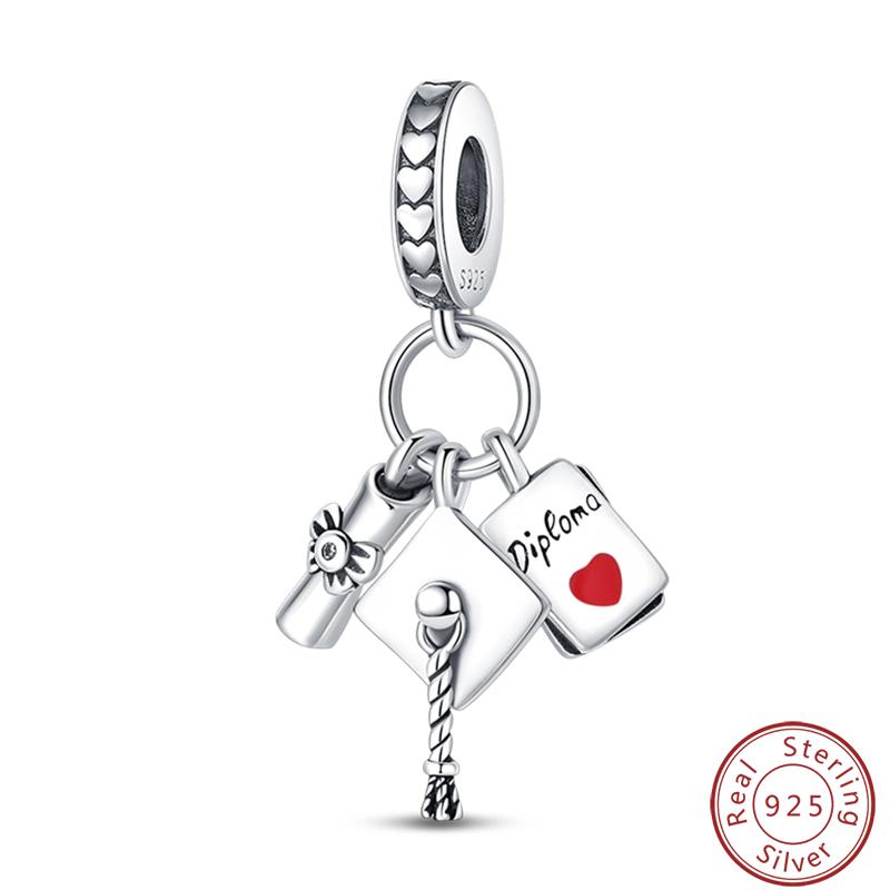 Выпускной Серия 925 Чистого Серебра Шляпа Бакалавра Сертификат Цветы Шармы Бусины Подходит Pandora Оригинальные Браслеты DIY Ювелирные Изделия