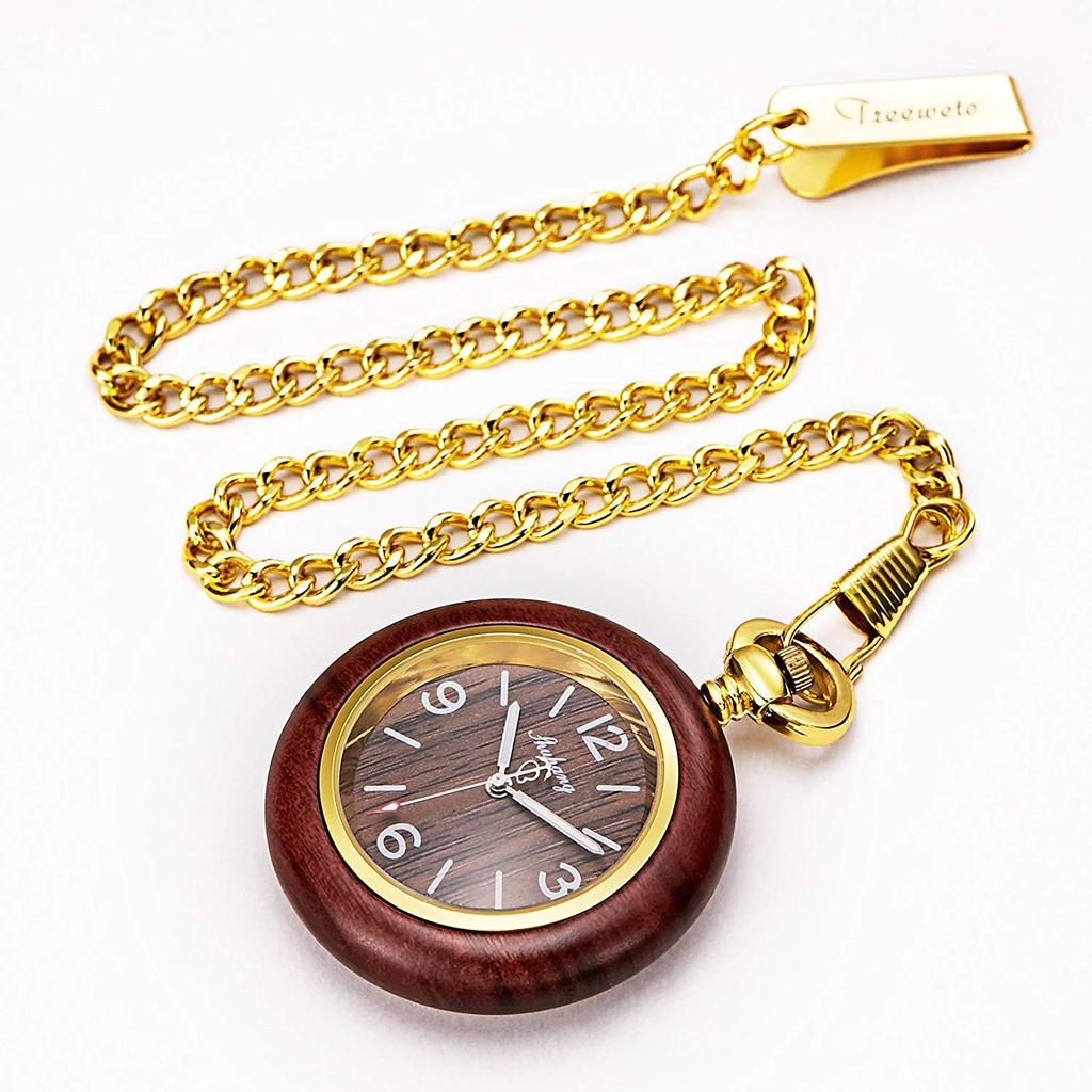 TREEWETO Pocket Watch Wooden Antique Quartz Arabic Numerals with Chain