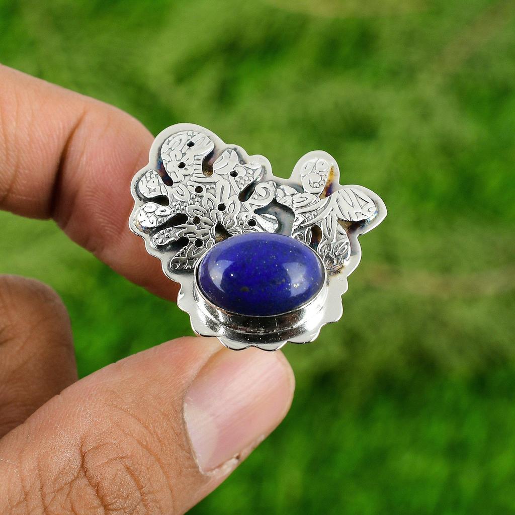 Natural Lapis Lazuli Gemstone Stackable Adjustable Ring 925 Silver For Women