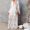 Spring Summer Women Lace Dress Sexy V-neck Long Sleeve Solid Chiffon Dress Female High Waist Embroidered Beach Casual Dresses Lady 24176