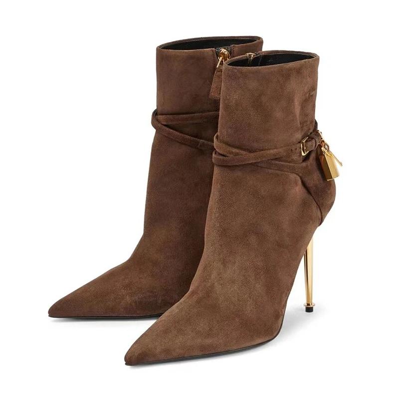 Fashion Women Sexy Metal Lock Decorate Ankle Boots Autumn Winter New Gold High Heel Pointed Belt Buckle Fashion Long Boots Size 34-43