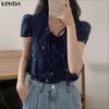 Summer Women Round Neck Short Sleeve Print Casual Cropped Blouse
