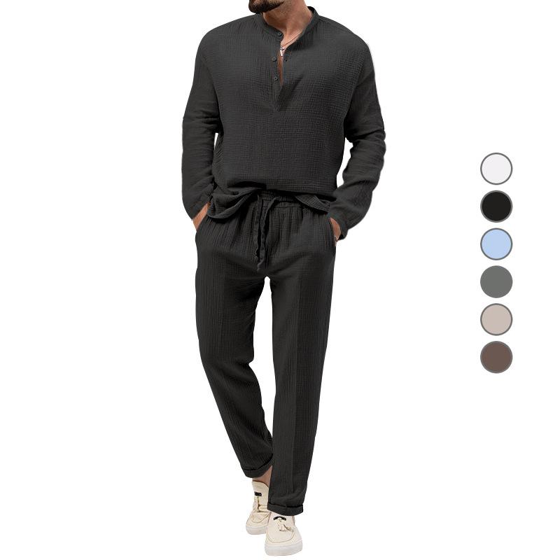 Men's Spring and Autumn 2 Piece Long Sleeve Shirt and Long Pants Set Casual Solid Stand Collar Drawstring Tracksuit
