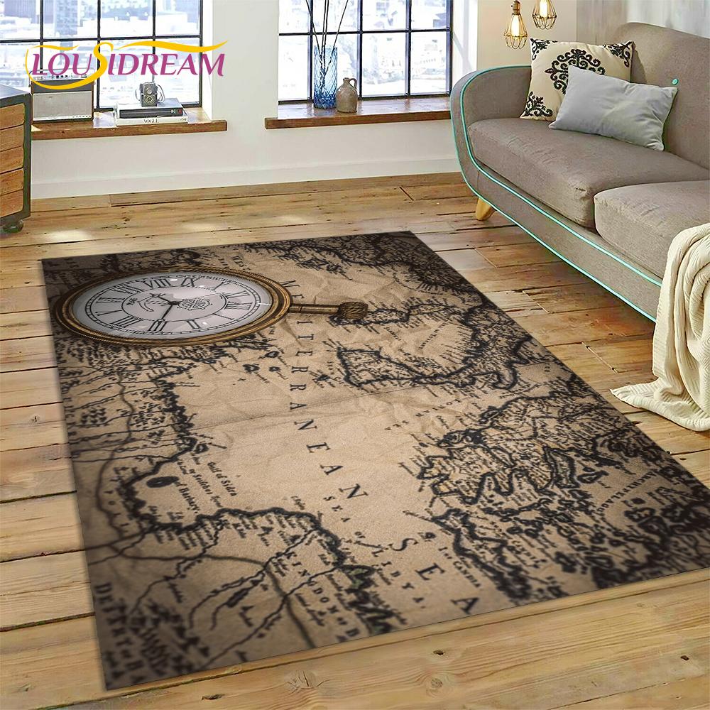 Древняя морская карта Карта мира Компас Ковер для гостиной Спальня Декор, напольный коврик Нескользящее украшение для дивана Коврик