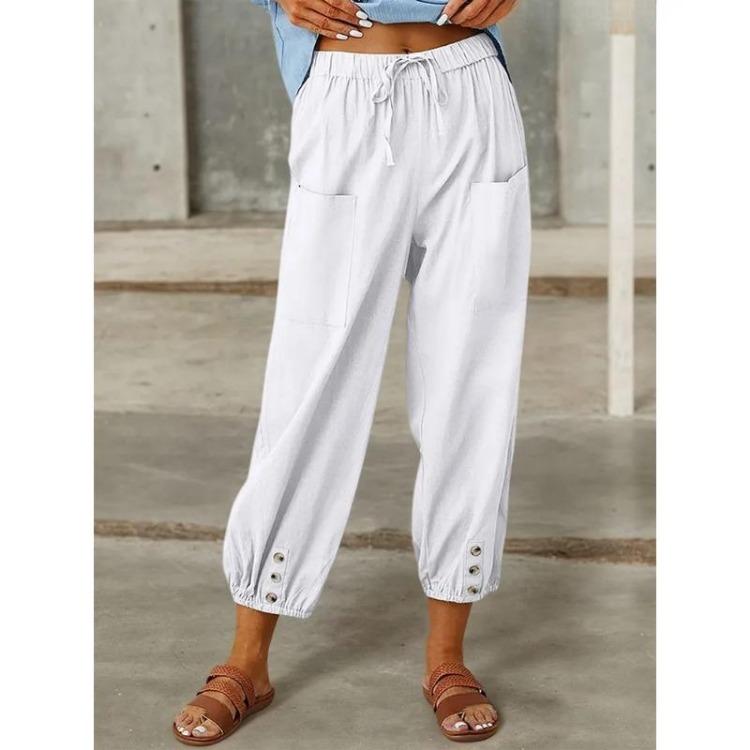Осень Женские Хлопково-Льняные Эластичная Талия Высокая Посадка Широкие Штанины Свободные Прямые Брюки Однотонные Женские Брюки