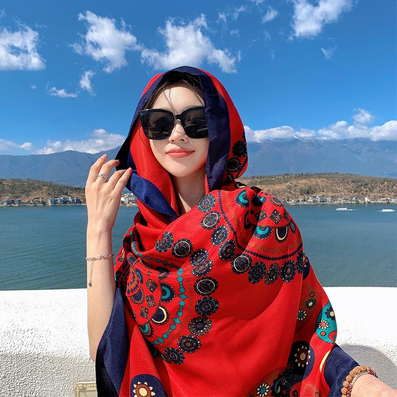 Summer cotton and linen feel scarf travel silk scarf sun protection air conditioner large shawl women's beach towel ethnic style scarf