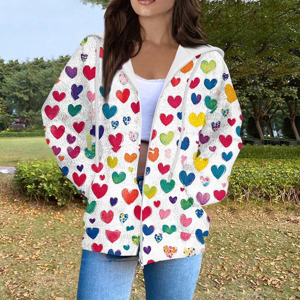 Women's Fashion Casual Long Sleeve Valentine's Day Print With Pocket Zipper Cardigan Jacket