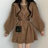 Вельветовые платья с поясом, женские, корейские, элегантные, с рукавами-фонариками, повседневные, А-силуэт, мини-платье, Harajuku, элегантное, универсальное, однотонное платье