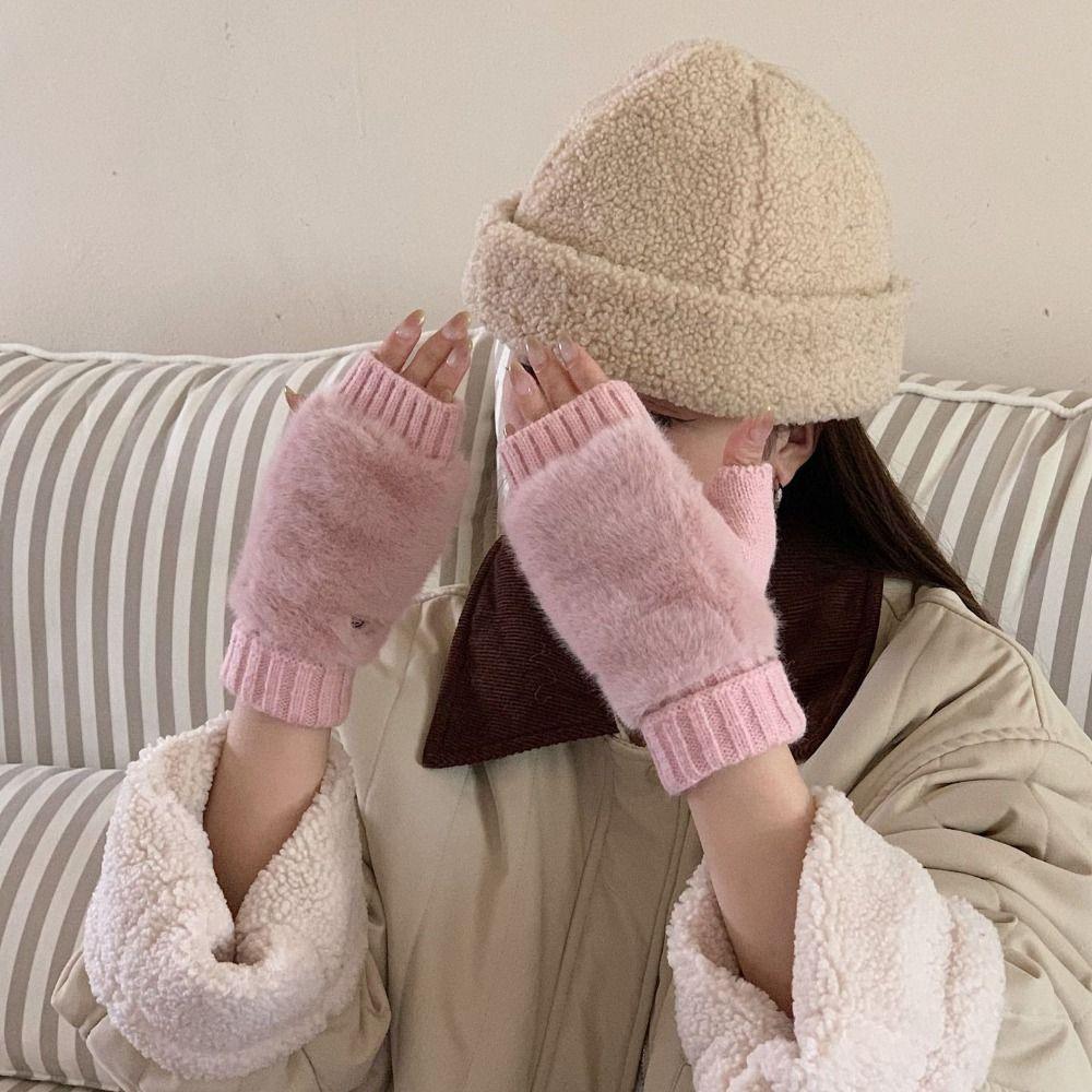 Warm Knitted Gloves Soft Plush Gloves Fashionable Half-Finger Gloves Women