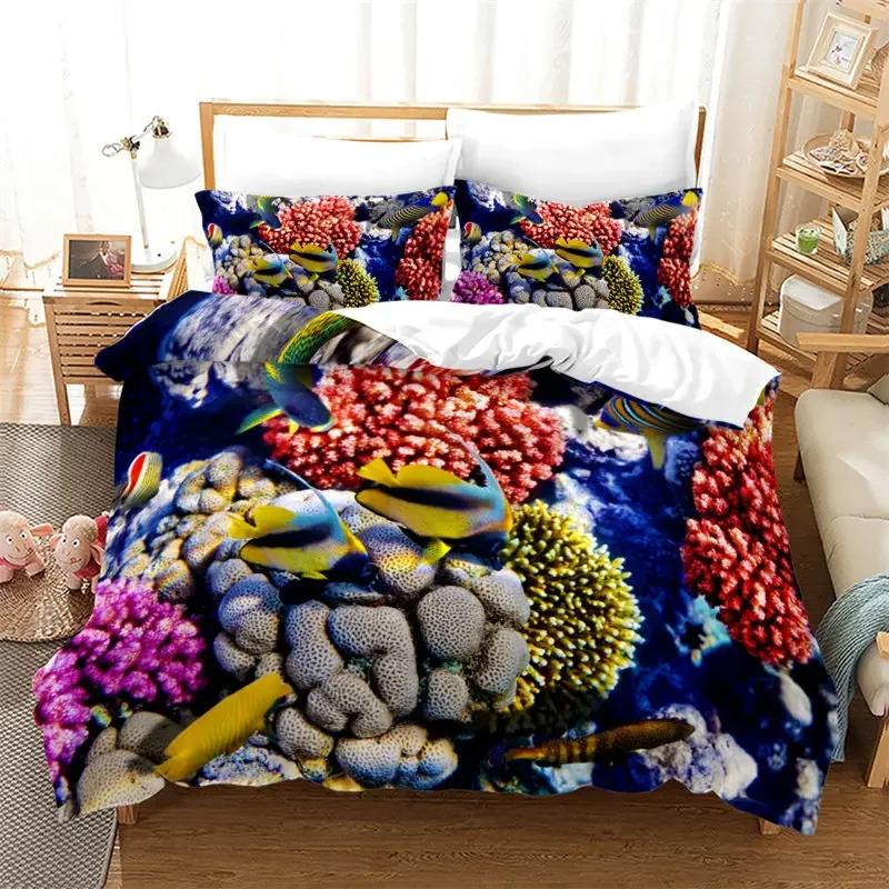 Kids Cartoon Ocean Fish Duvet Cover Microfiber Marine Theme Bedding Set Sea Underwater World Quilt Cover Queen For Boys Girls